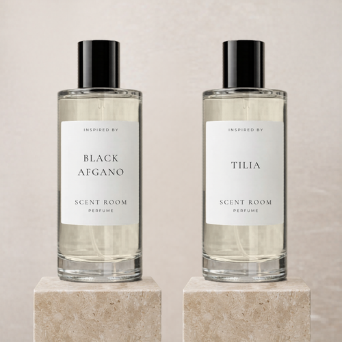 Scent Room Black Afgano and Tilia bottles side by side, sold together as a layering pair