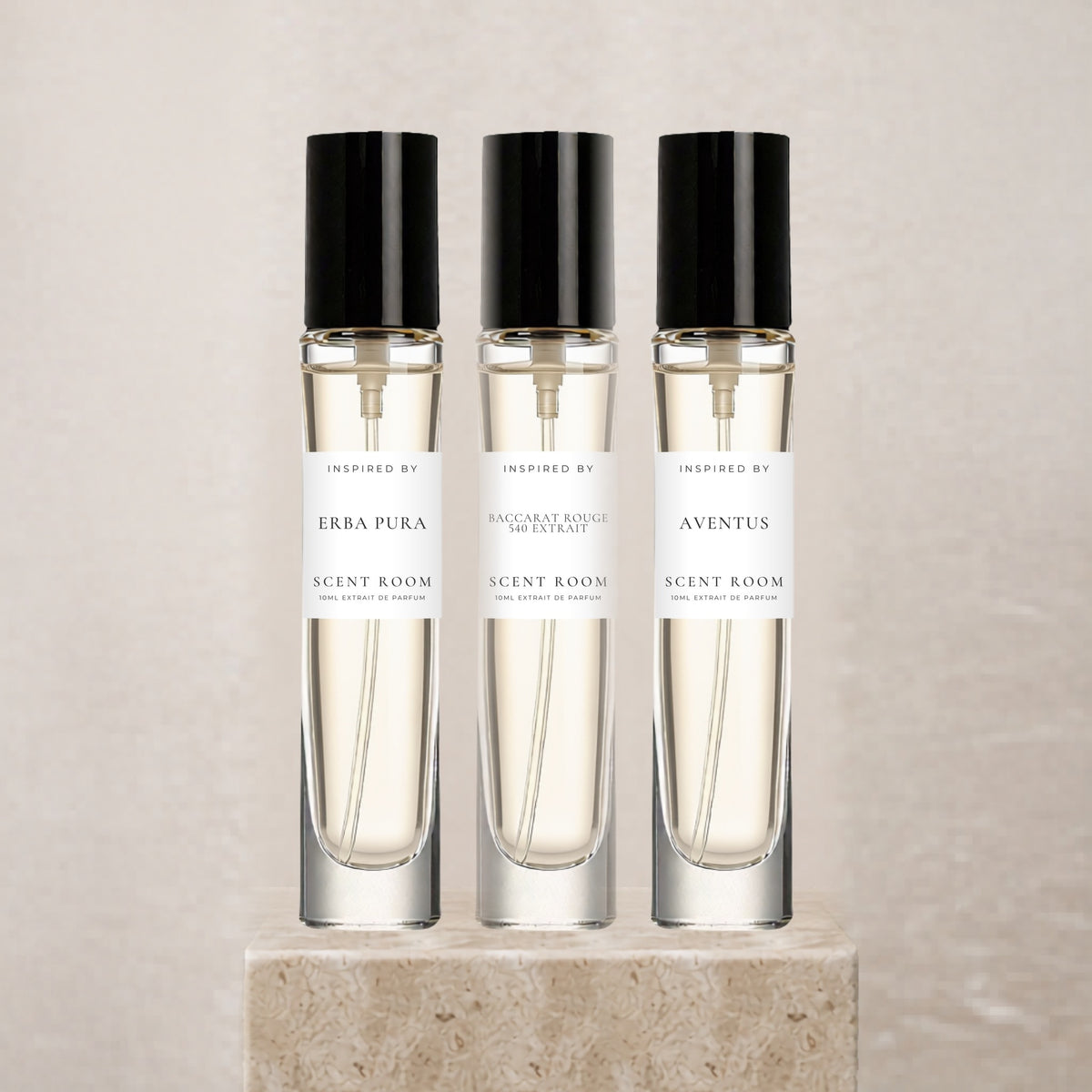 Three Scent Room 10ml extrait de parfum samples on a stone plinth