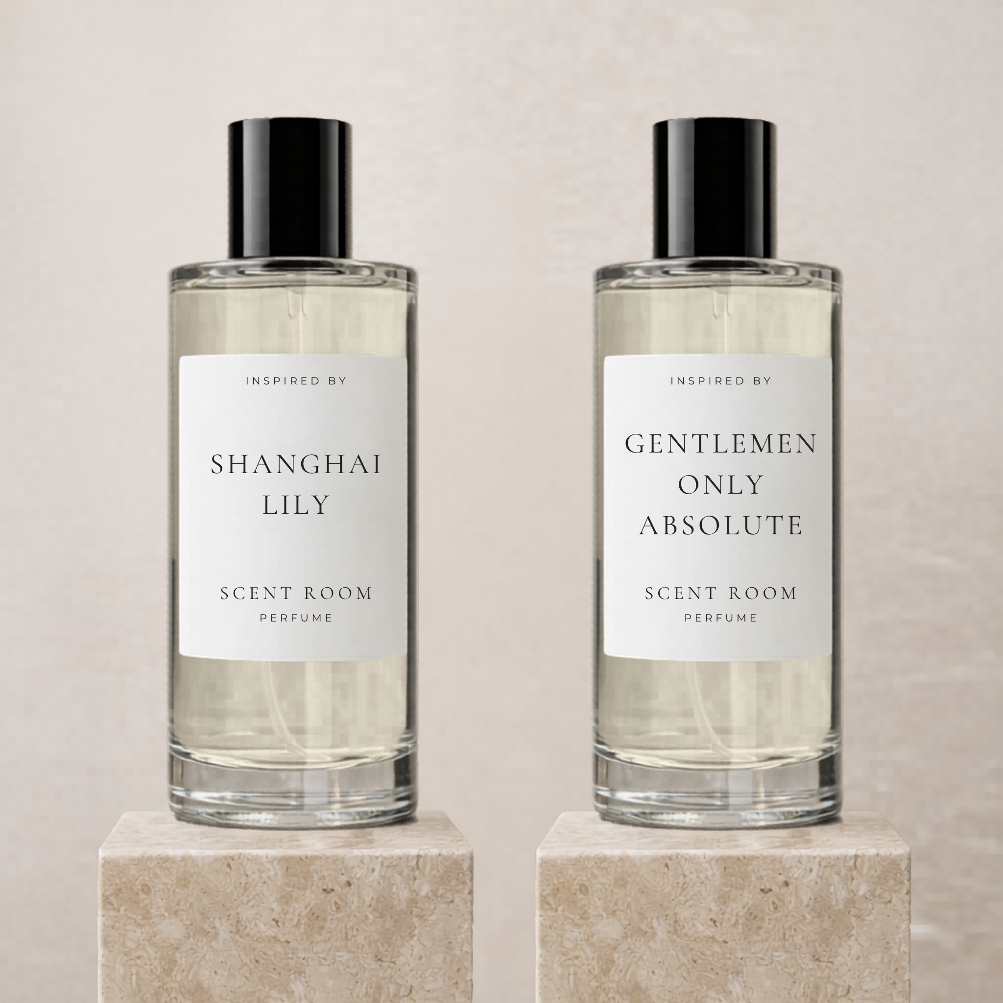 Scent Room Shanghai Lily and Gentlemen Only Absolute bottles side by side, sold together as a layering pair